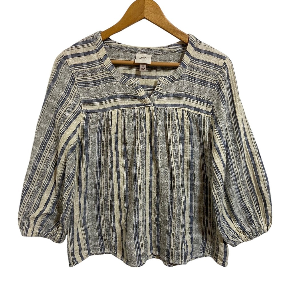 Knox Rose Striped Gauzy Boho Split Neck Balloon Sleeve Blouse Coastal Nautical M - Picture 2 of 8